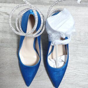 Women's Royal Blue Rhinestone Sparkly Heels Sandals-Ankle Wrap Around Crystals
